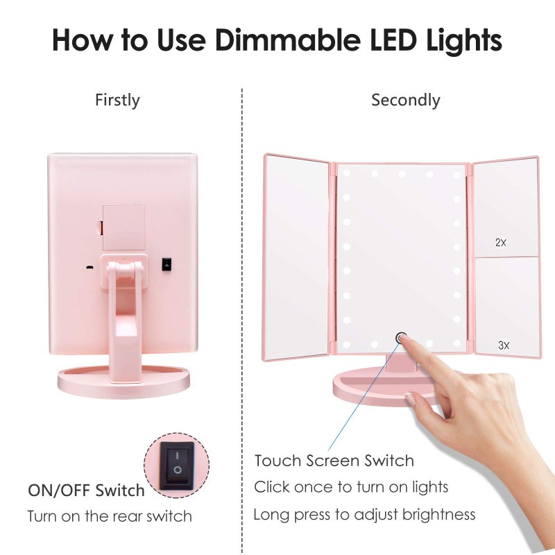WEILY Makeup Mirror with 21 LED Lights Two Power Supply Modes  Adjustable Touch Screen and 1x/2x/3x Magnification Tri-Fold Vanity Mirror  Chargeable Travel Cosmetic Mirror for Desktop (Pink) - Image 5